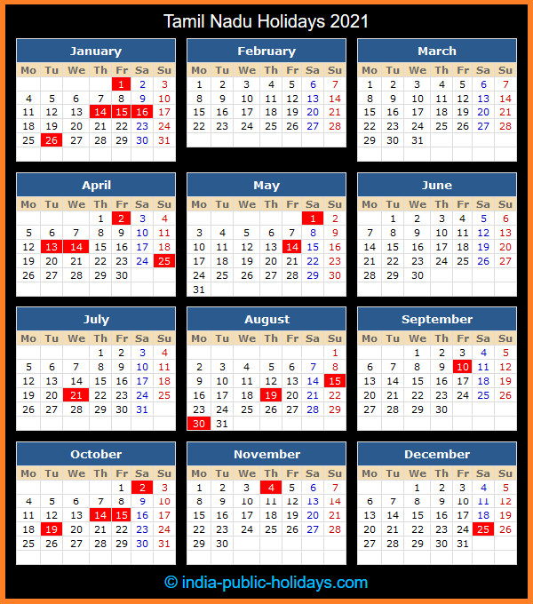 Tamil Nadu Holiday Calendar 2021